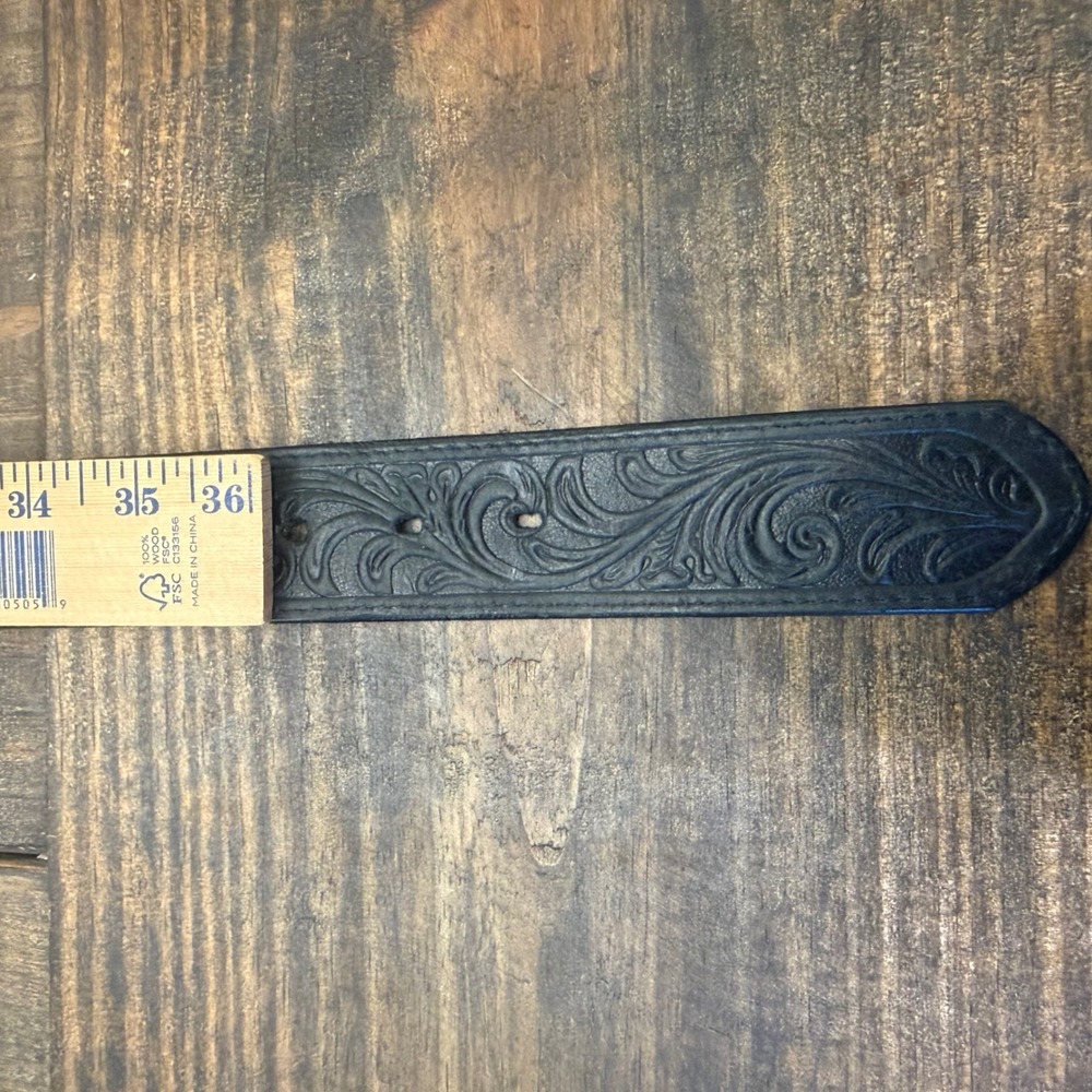 VTG Silver Creek Black Tooled Leather Belt Buckhorn Exchange Buckle Size 36 USA - Picture 5 of 7
